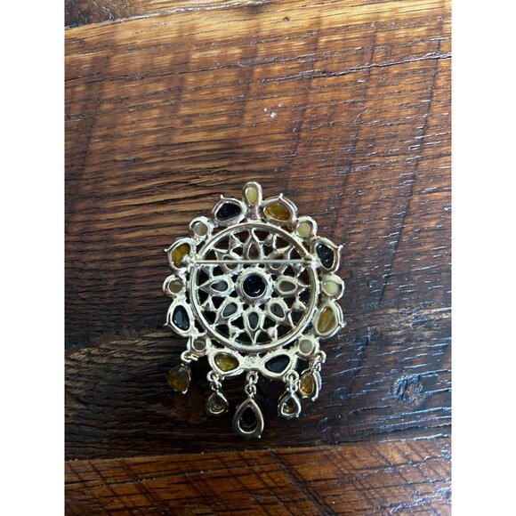 Vintage Gold-Tone Sunburst Brooch With Dangling Amber & Black Gemstone Accents - Picture 2 of 4